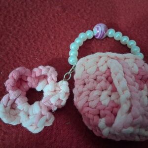 Pink Crochet Keychain with Flower Charm And Matching Airpod Case